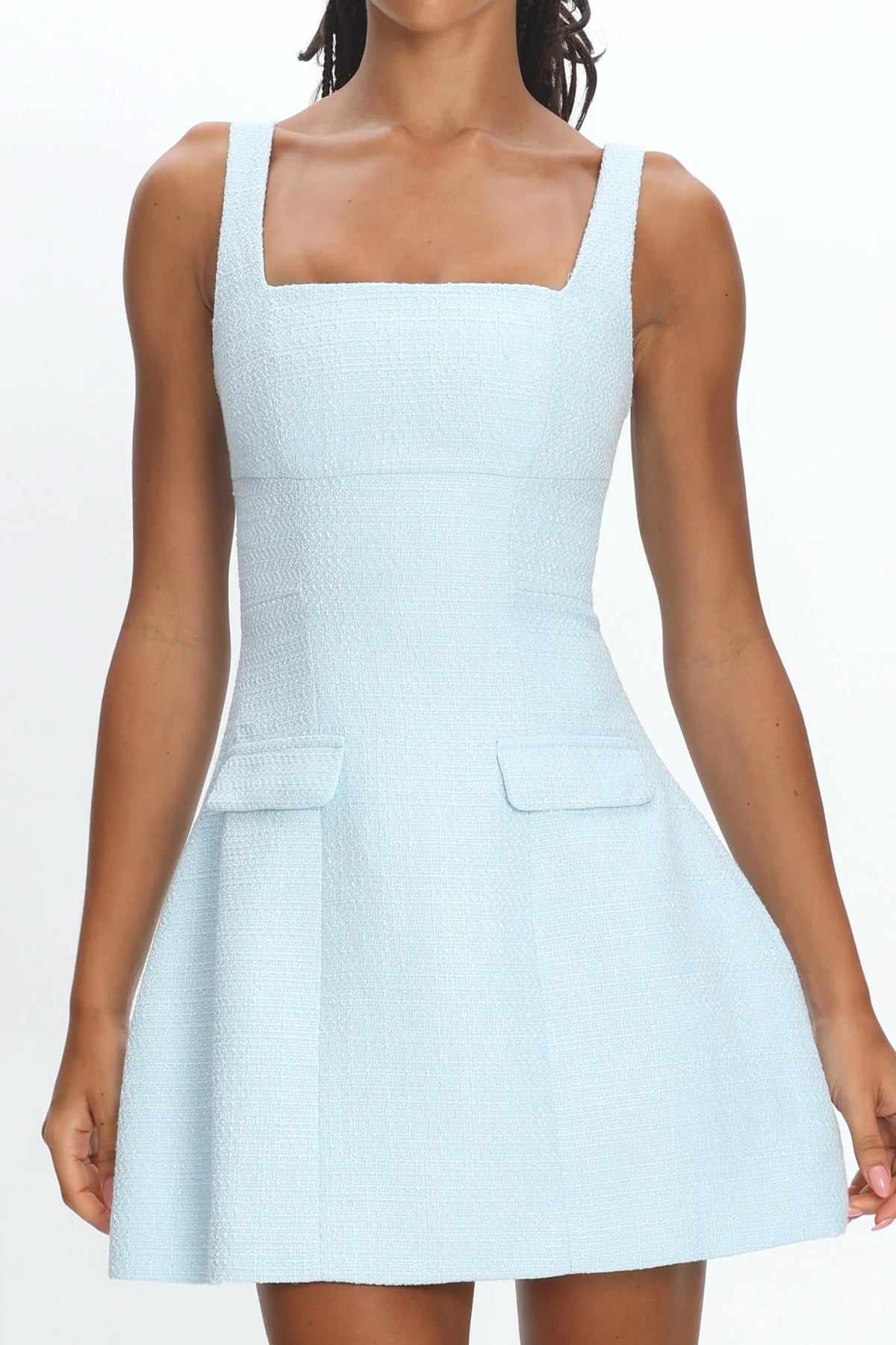 Melodic Faux Pocket Tweed Mini Dress Blue