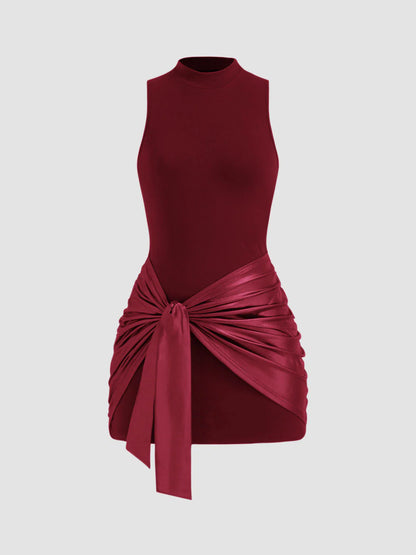 High Neck Ruched Knotted Mini Dress