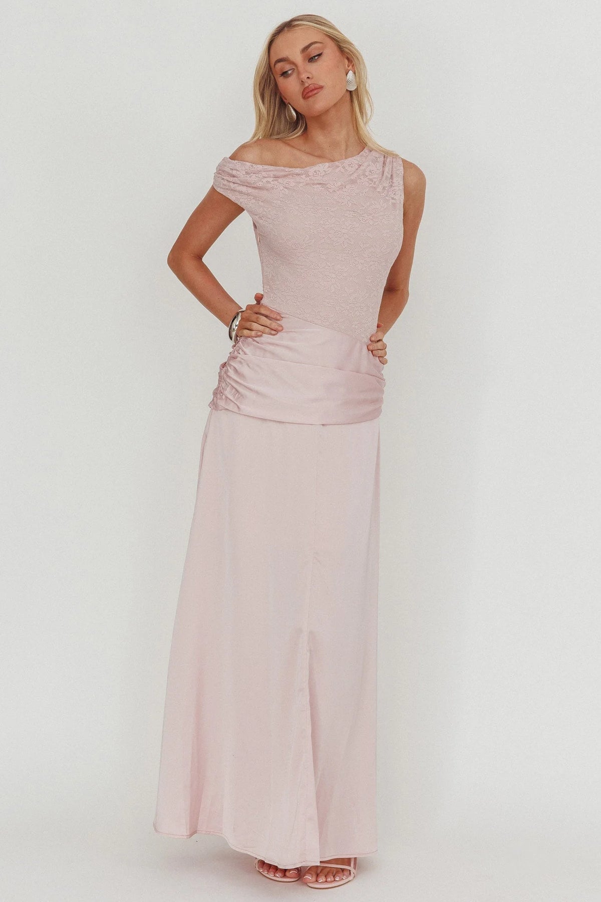 Diana Asymmetric Shoulder Pleat Waist Maxi Dress Blush