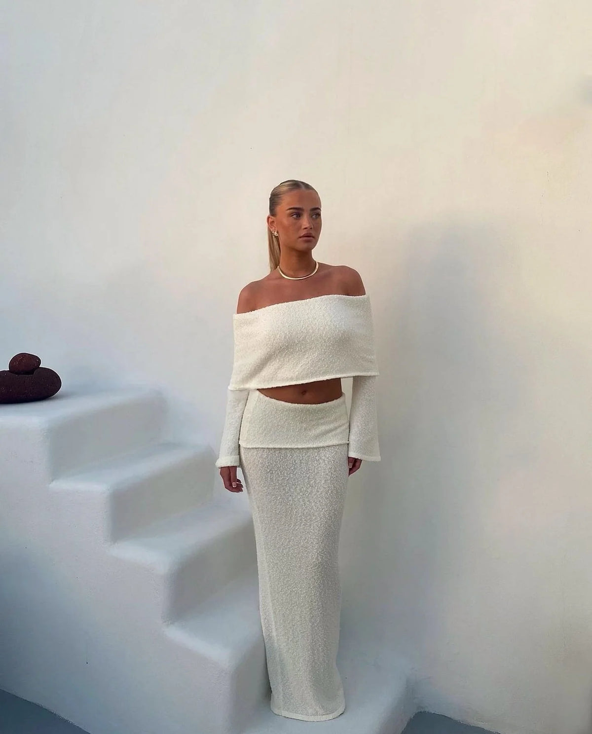 Juline - Bouclé co-ord set with bardot detail