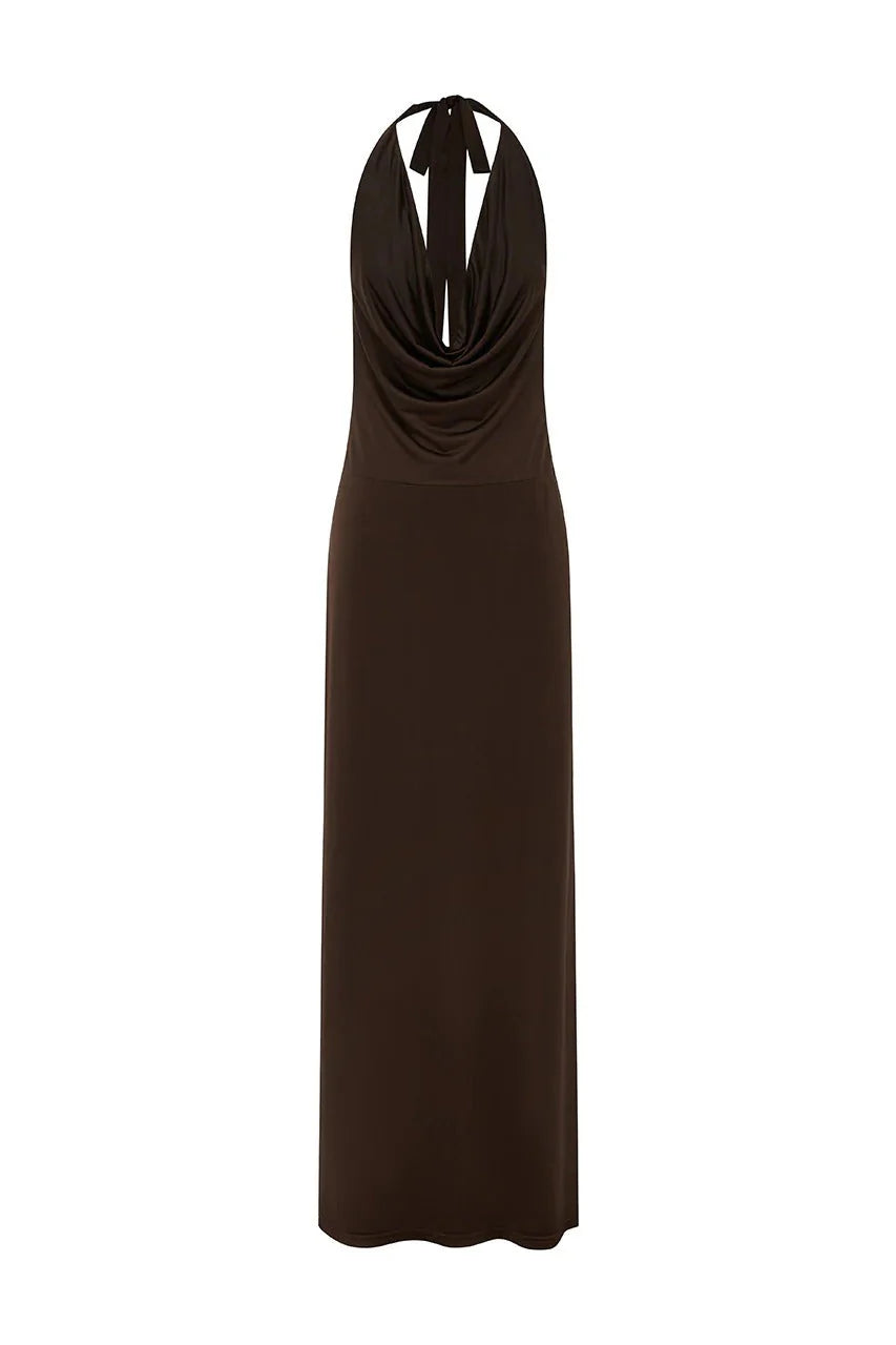 Lotus Halter Cowl Maxi Dress - Bitter Chocolate