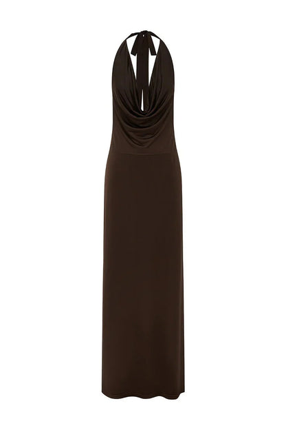 Lotus Halter Cowl Maxi Dress - Bitter Chocolate