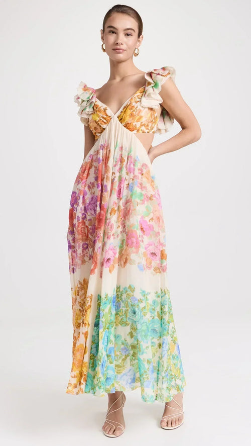Bloomelia | Floral Print & Ruffles Maxi Dress