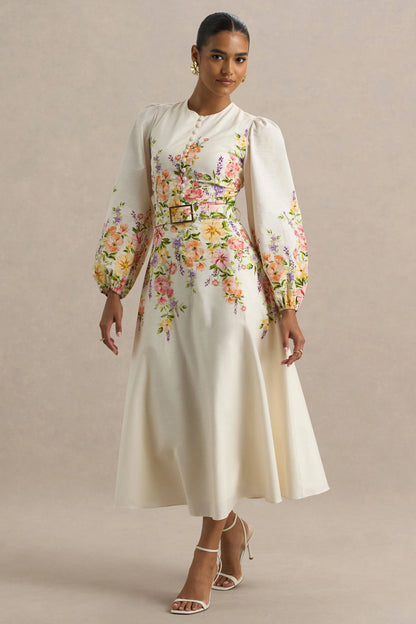 Dahlia | White Floral Border Print High-Neck Midi Dress