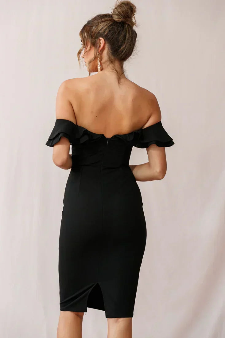 Rossi Ruffled Off The Shoulder Bodycon Dress Black
