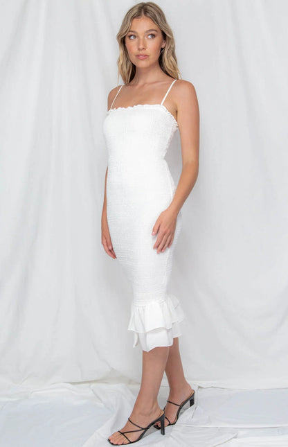 Mina Shirred Midi Dress - White