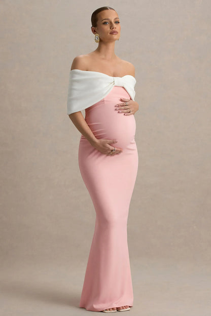 Libra | Pink & White Bow Bardot Maternity Maxi Dress
