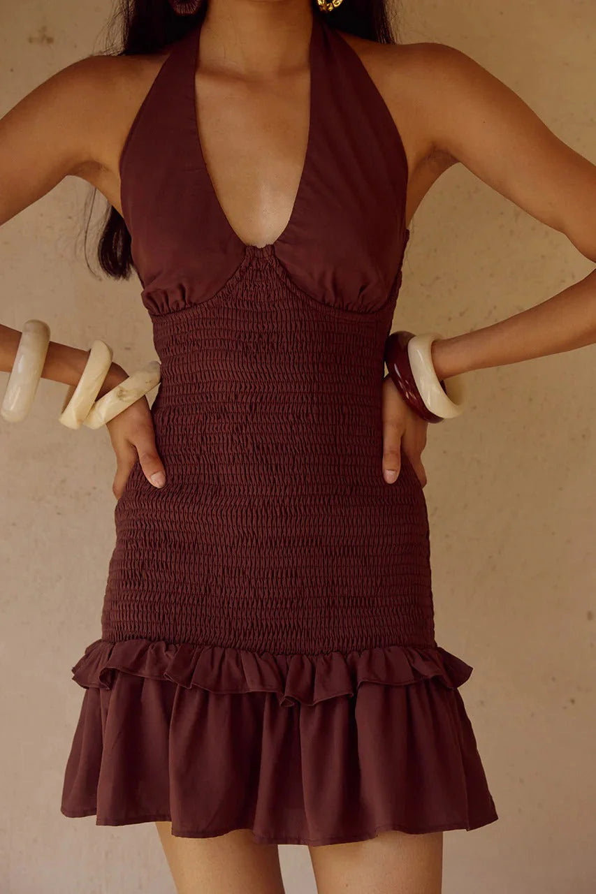 Fleur Shirred Halter Mini Dress - Chocolate