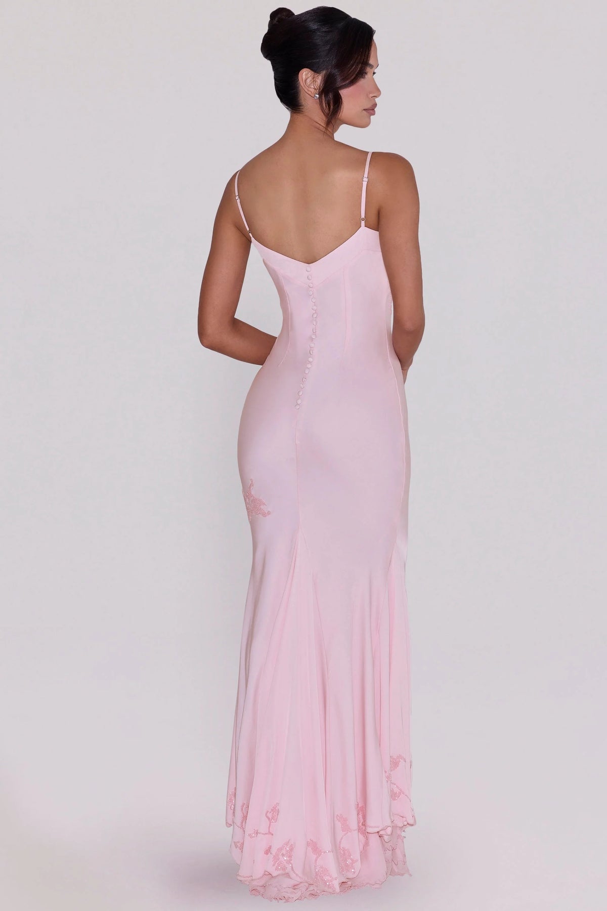 pink hand beaded embellished satin maxi dress