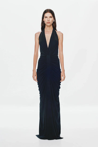 Misha Venus Gathered Cupro Dress - Black