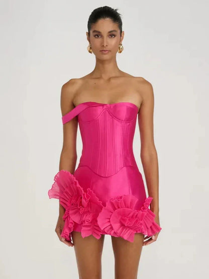 Livette - Strapless Corset Look & Ruffle Detail Mini Dress