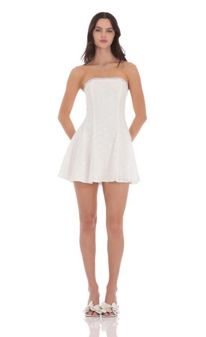 Eyelet Floral Strapless Dress in White