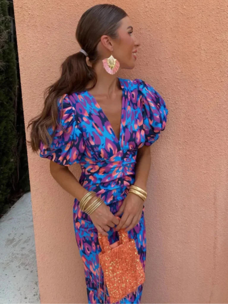 Milviana – Statement Print Midi Dress with Pleated Details