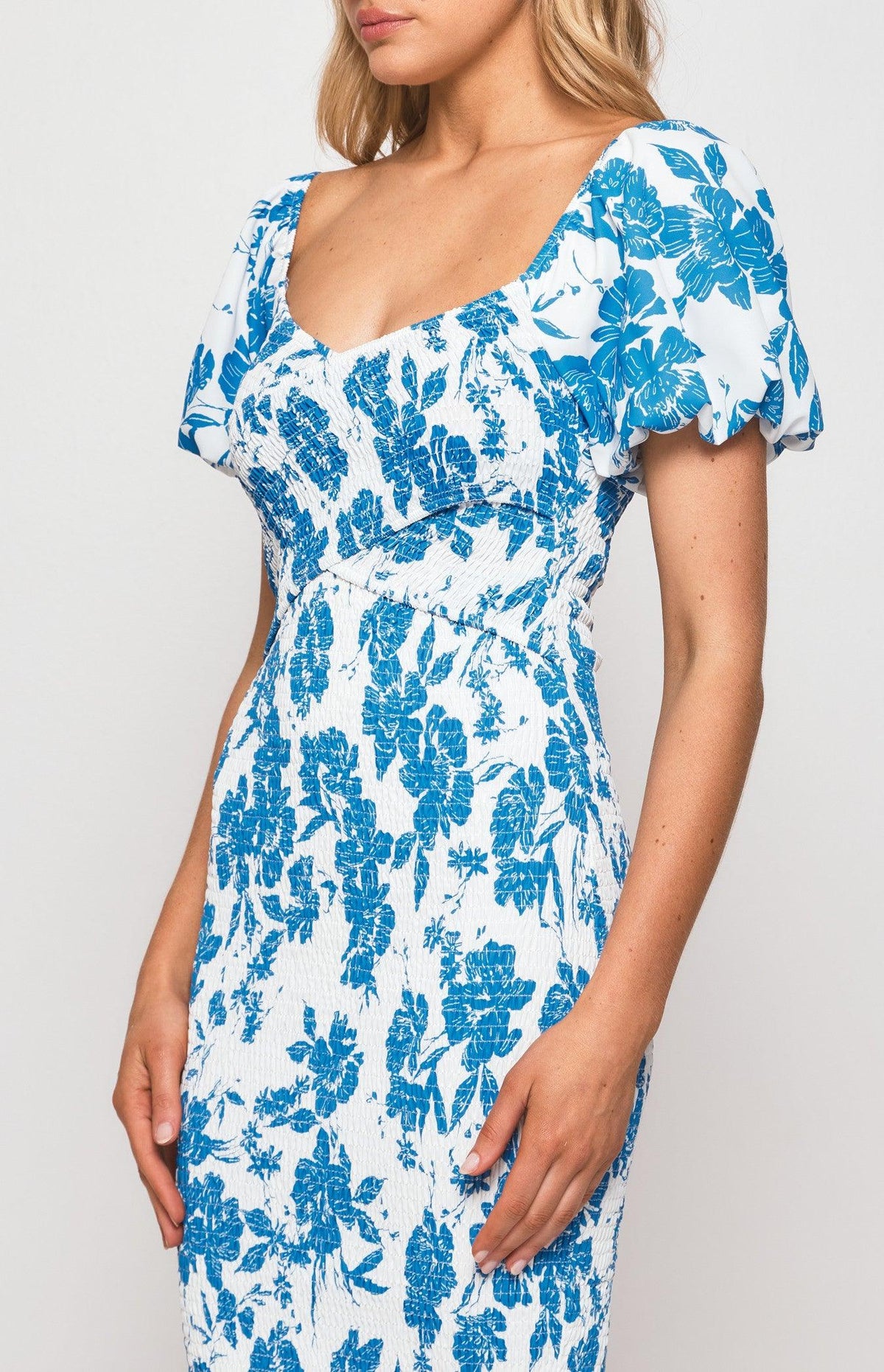 Gia Shirred Midi Dress - Blue