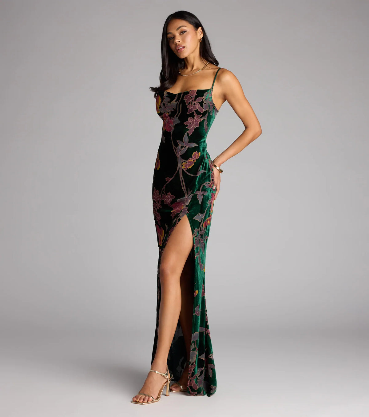 Melanie Floral Velvet Lace-Up Formal Dress
