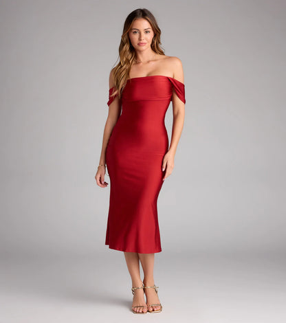 Exceptional Off-The-Shoulder Flared Midi Dress