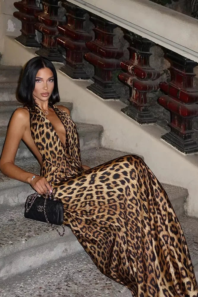 Nayela – Leopard Maxi Dress with Open Back and Halter Neckline