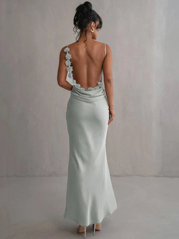 Veraïa – Satin maxi dress with floral appliqués
