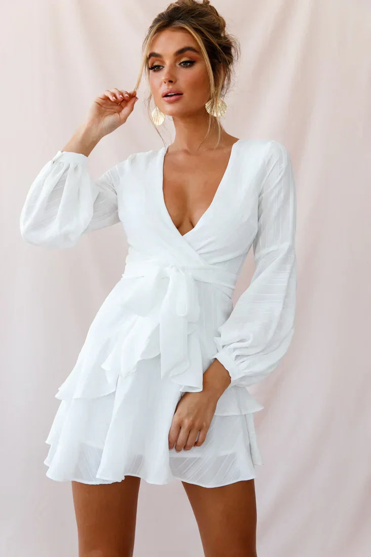 Kerry Layered Balloon Sleeve Dress White
