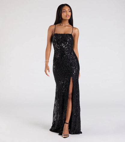 Jillian Sequin Slit Long Formal Dress