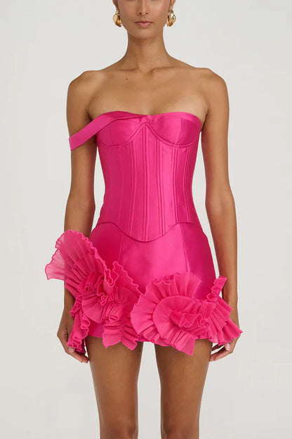 Livette - Strapless Corset Look & Ruffle Detail Mini Dress