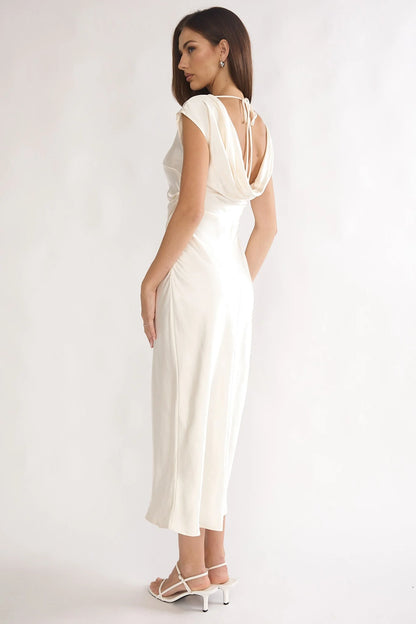 Loveland Pleat Cowl Back Midi Dress Oyster
