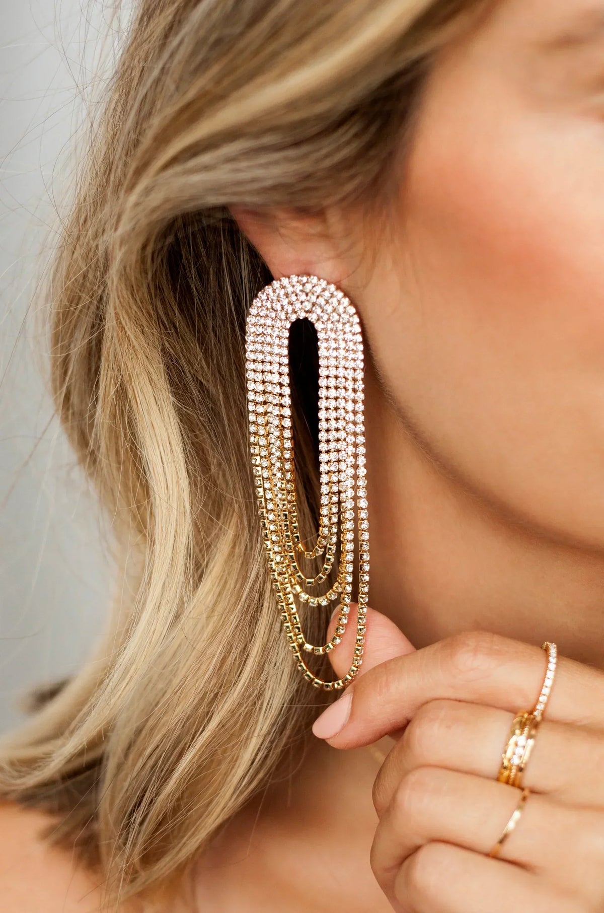 Crystal Drape Fringe Earrings - Gold