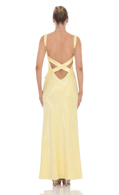 Satin Open Back Maxi Dress in Yellow
