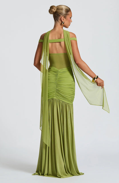 Sylarine – Bardot dress with sheer details and a slit