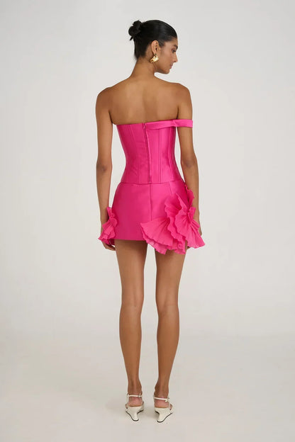 Livette - Strapless Corset Look & Ruffle Detail Mini Dress