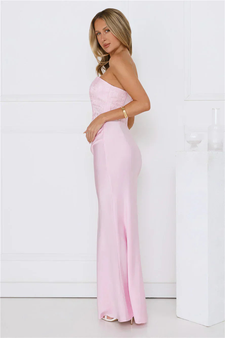 Dressed To Dazzle Strapless Satin Maxi Dress
