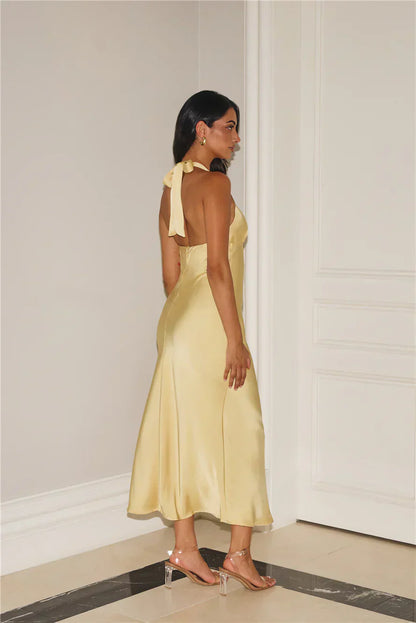 Gold Romance Halter Satin Maxi Dress