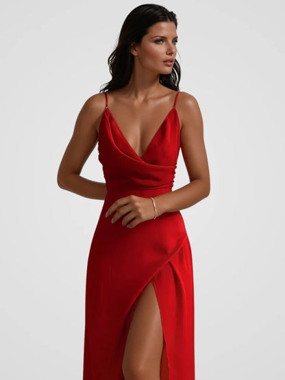 Alenya – Satin dress with waterfall neck and high slit