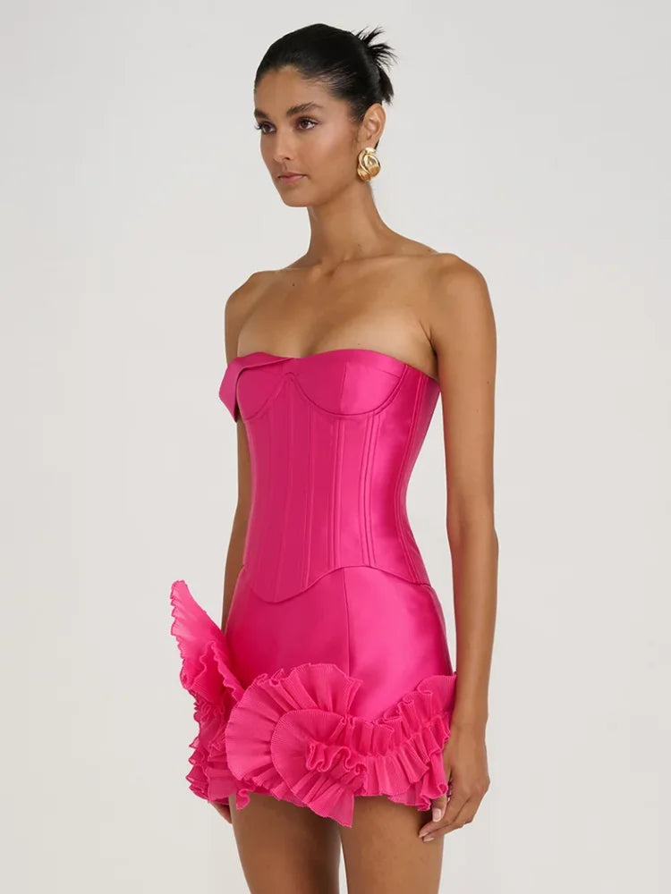 Livette - Strapless Corset Look & Ruffle Detail Mini Dress