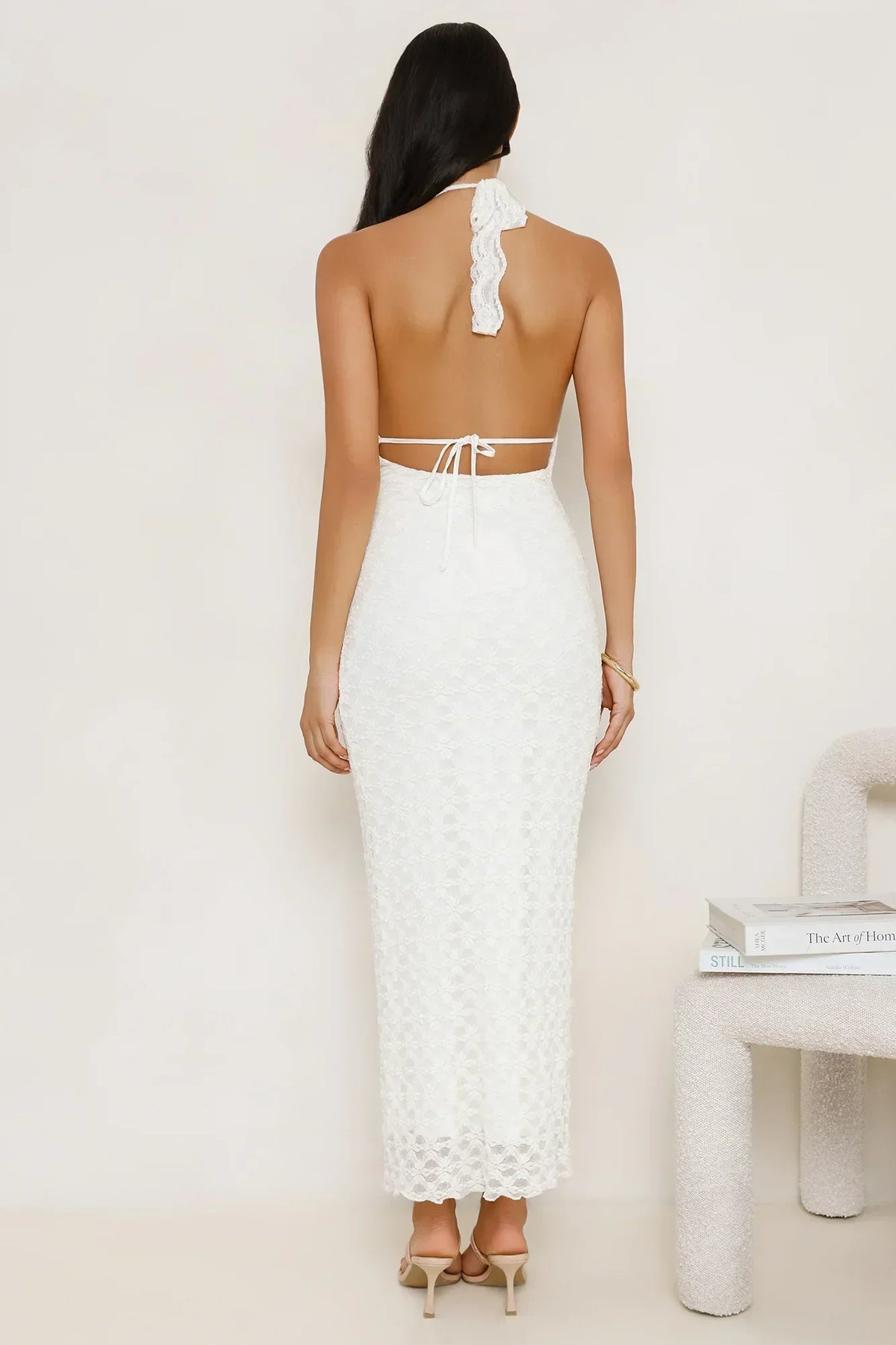 Lace Me Up Halter Maxi Dress Cream