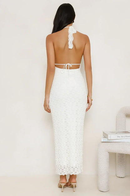 Lace Me Up Halter Maxi Dress Cream