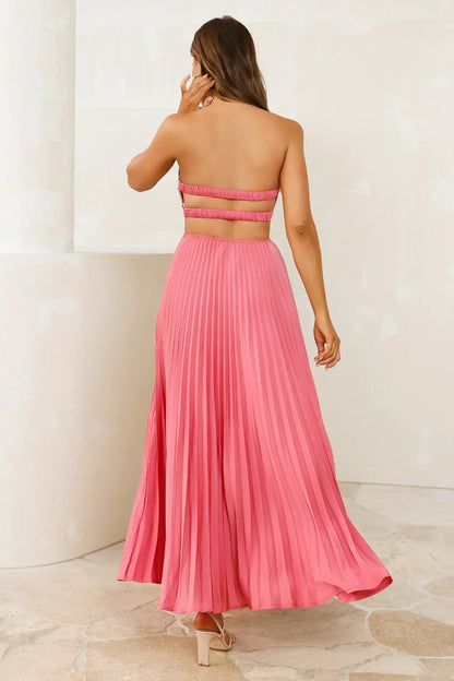 Vibes Are Priceless Strapless Satin Pleated Maxi Dress