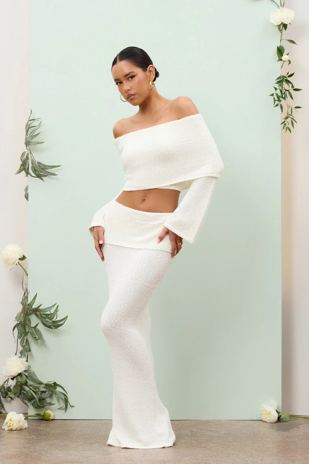 Juline - Bouclé co-ord set with bardot detail