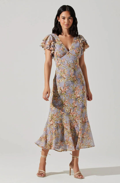 Celestine Floral Flutter Sleeve Midi Dress