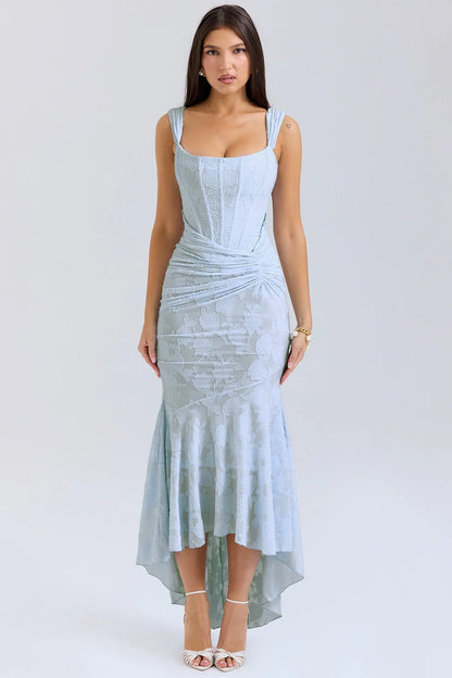 Livette - Sky Blue Floral Pattern Midi Dress