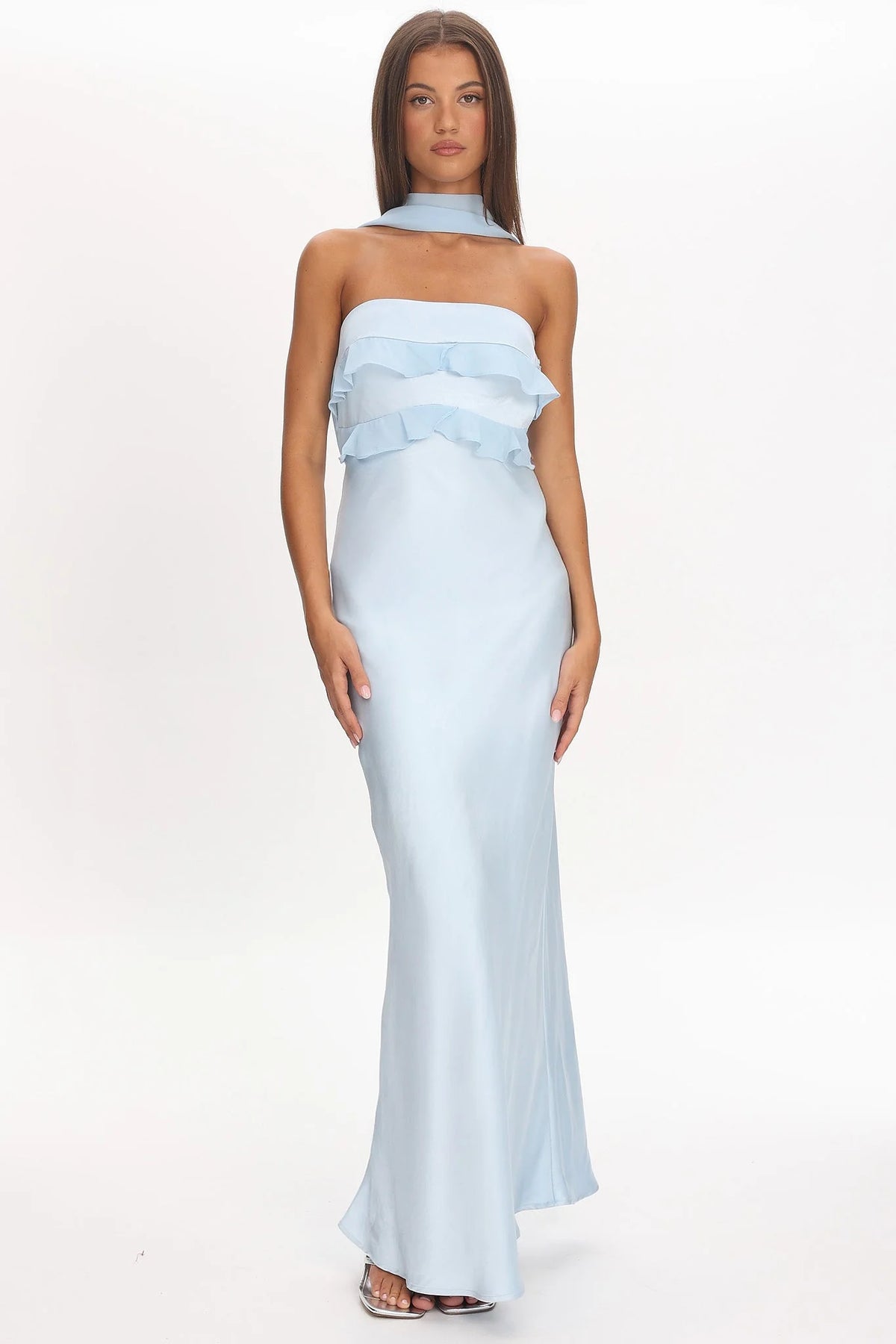 Damsel Reverse Halter Frill Trim Maxi Dress Baby Blue