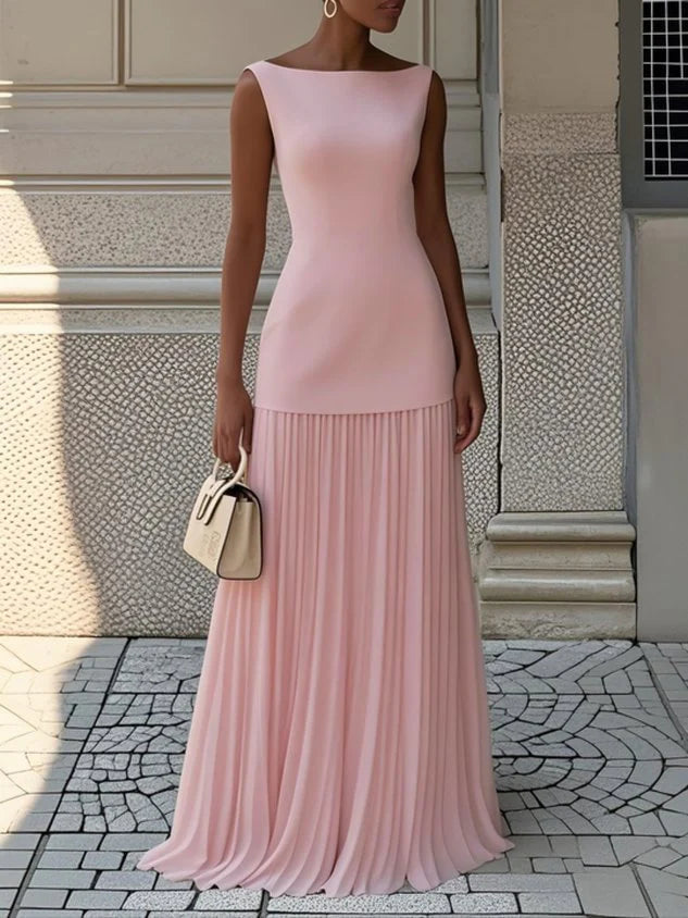 Livette - Boat Neck Pleated Maxi Dress