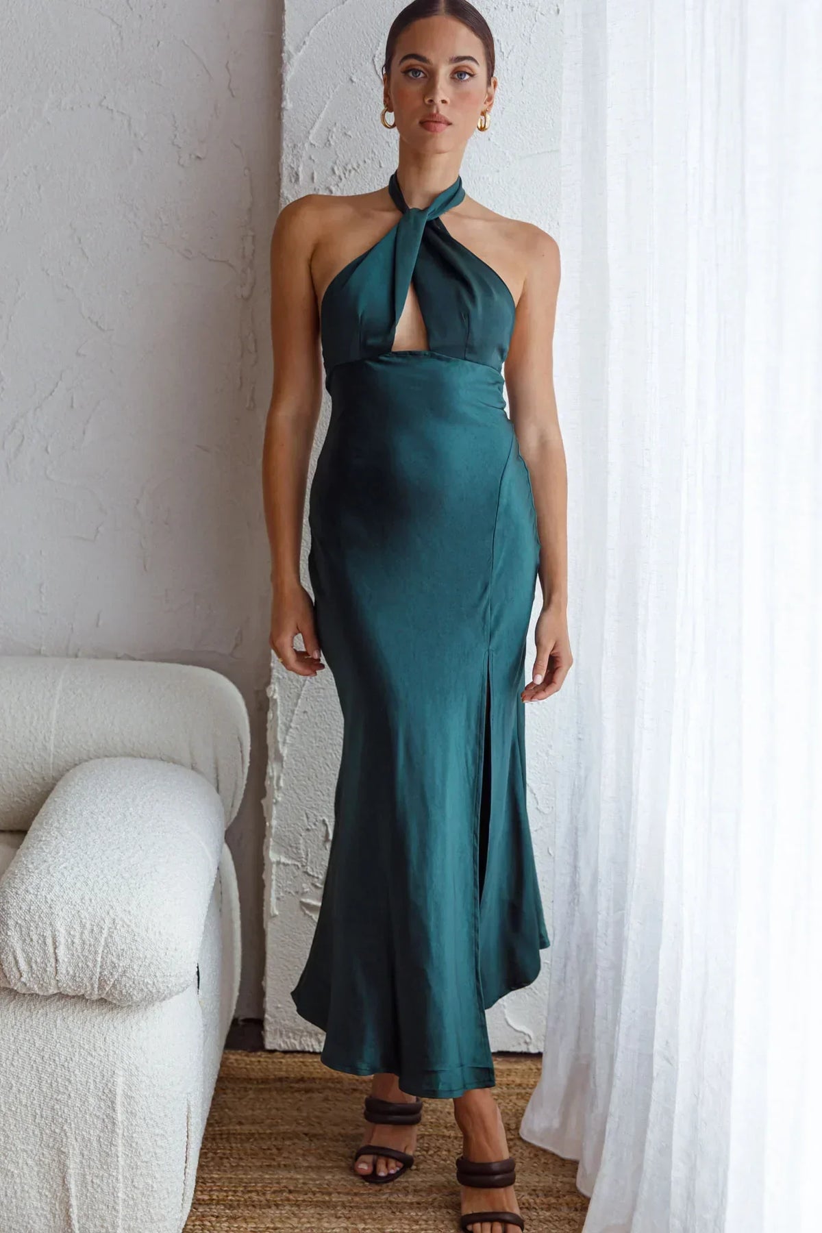 Te Amo Halterneck Open Back Midi Dress Forest Green