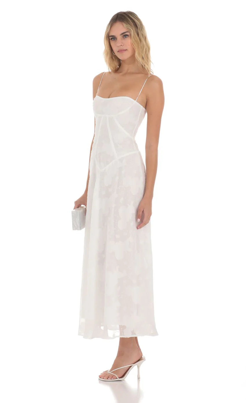 Textured Floral Maxi Dress in White